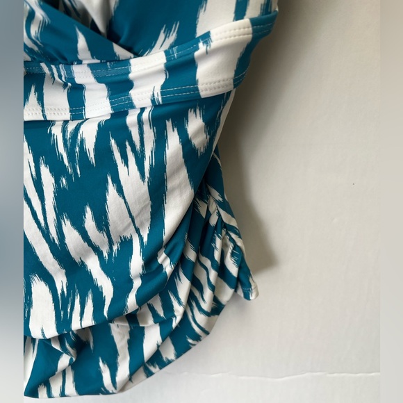 ANNE COLE TEAL & WHITE SIZE LARGE PATTERNED TANKINI PADDED WITH UNDERWIRES. NWOT - Picture 6 of 8